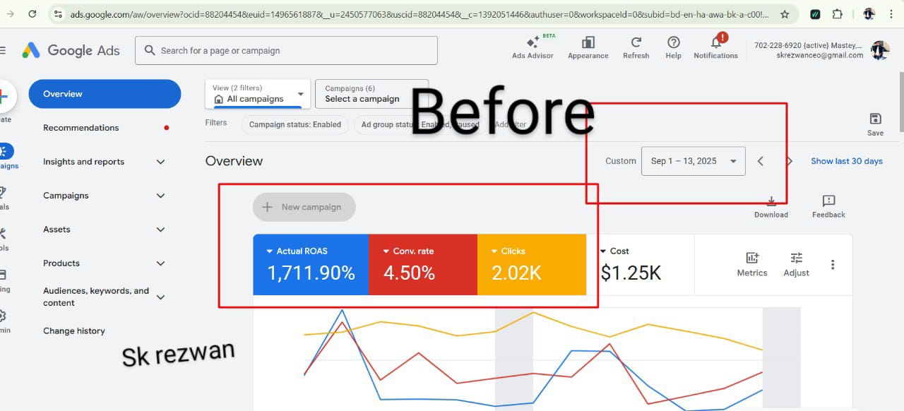Google Ads dashboard before DigiPollli — 1,711% ROAS, 4.50% conv rate, $1.25K cost