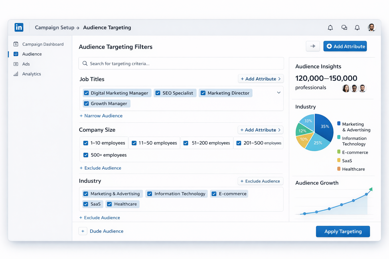 LinkedIn audience targeting interface showing job title, company size and industry filters